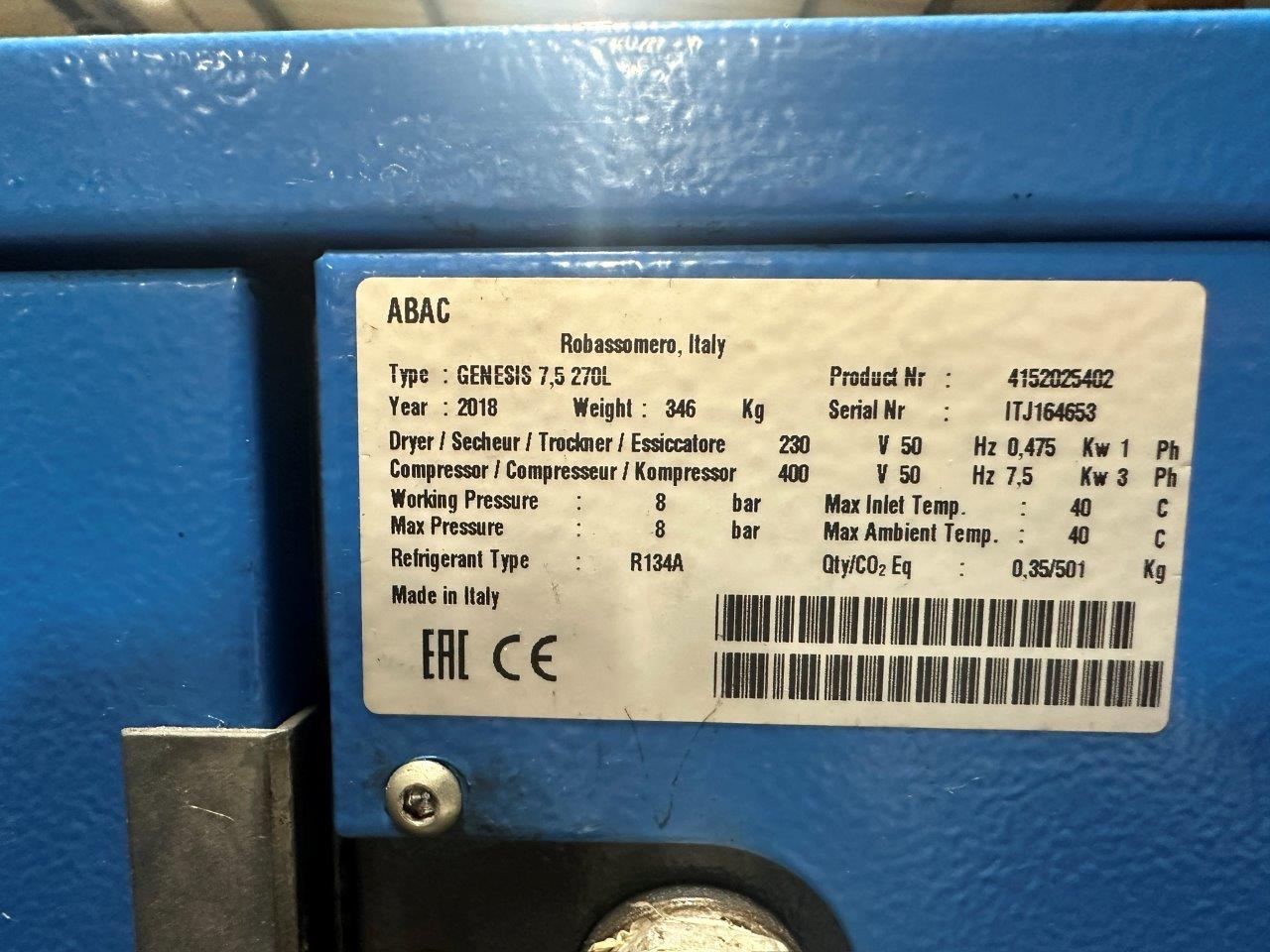 Compressors/Used ABAC Genesis 7.5/8/270 Air Screw Compressor with MC2 Controller